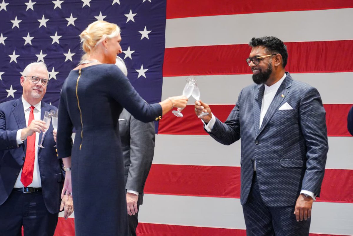 presidentaligy's tweet photo. I was pleased to join U.S. Ambassador Nicole D. Theriot last evening to celebrate the 250th anniversary of the Independence of the United States.

Guyana and the United States share 60 years of a strong, trusted and reliable partnership, built on mutual respect, shared values and a commitment to advancing the prosperity and security of our peoples.

Today, that partnership is stronger than ever, and I look forward to continuing to deepen the enduring ties between our two nations.

@StateDept @marcorubio