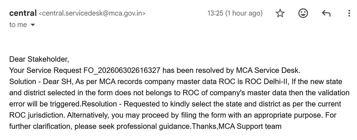 fca_arvind's tweet photo. Dear @MCA21India what kind of solution is this?

Company is filing INC-22 as part of Post-incorporation compliance. There is delay in filing.

Company was incorporated when Delhi was having Only 1 ROC while now have two. Why would company will opt for "change in ROC jurisdiction", while required compliance is "Verification of Address after incorporation"?

Did you even understood the problem? Kindly provide option where I can have one-to-one discussion with human.