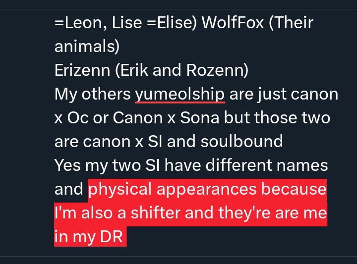Elart_E's tweet photo. So I answer with my two Selfship Liseon/WolfFox Leon and Elise (eon =Leon, Lise =Elise) WolfFox (Their animals) 
Erizenn (Erik and Rozenn)
My others yumeship are just canon x Oc or Canon x Sona but those two are canon x SI and soulbound 
Yes my two SI have different names and https://t.co/E77WeYjpcF