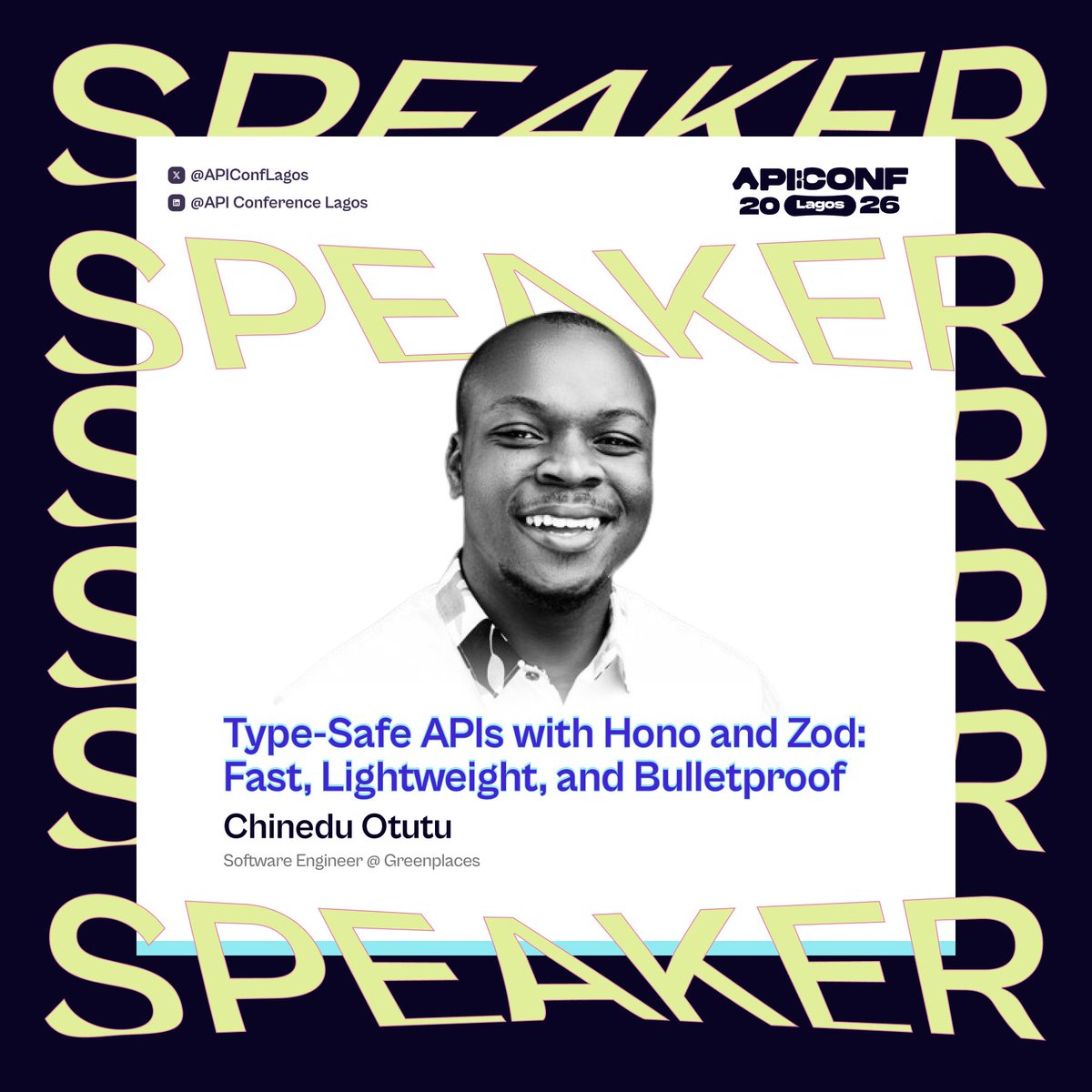apiconflagos's tweet photo. Meet our next speaker at API Conf Lagos 2026.

We’re excited to welcome @tutuMantutu , Software Engineer at Greenplaces, to this year’s conference.

About the Speaker

* Experienced in building, testing, and deploying robust, production-grade software applications.
* Passionate about creating developer-focused solutions that combine performance with exceptional user experience.

Session

Type-Safe APIs with Hono and Zod: Fast, Lightweight, and Bulletproof

In this hands-on workshop, attendees will learn how to build a fully type-safe API using Hono and Zod. The session covers runtime validation, automatic TypeScript type inference, OpenAPI documentation generation from Zod schemas, and best practices for structuring maintainable codebases.

Why You Should Attend

Perfect for developers building APIs for serverless, edge, or traditional Node.js environments who want to improve reliability, type safety, and developer experience.

Event Reminder

📅 Workshop Day: July 24, 2026
📅 Conference Day: July 25, 2026

Register

🔗 Register now: https://t.co/RYptRB2zoZ

🎟 Secure your workshop ticket: https://t.co/k9vI5mFbwh

#APIConfLagos26 #APIs #Developers #TechEvents