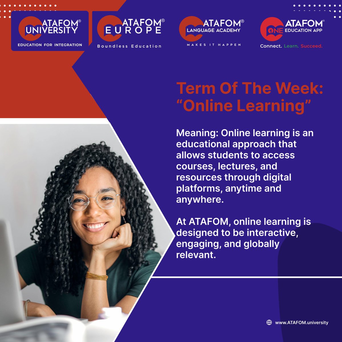 ATAFOMUni's tweet photo. Term of the Week: Online Learning

Learning isn’t limited by location. With online learning, education becomes flexible, accessible, and globally connected.

That’s the ATAFOM experience. 

#OnlineLearning #ATAFOM #GlobalEducation #DigitalEducation #EducationForIntegration https://t.co/QSZQK8mtaU