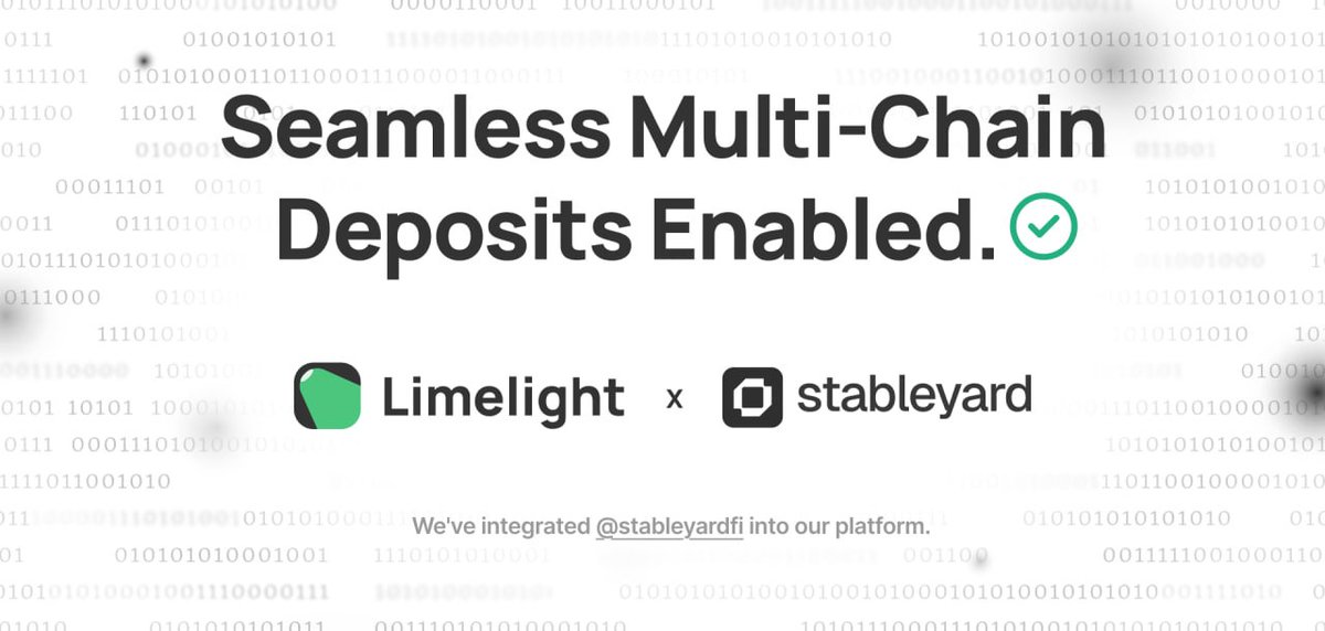 Limelight_Preds's tweet photo. Limelight x Stableyard 🤝

Depositing on Limelight just got a whole lot easier.

We've integrated @stableyardfi into our platform, enabling seamless multi-chain deposits so you can fund your predictions from wherever your funds already are.

Base, Arbitrum, Ethereum, Polygon, HyperEVM, Solana, Bitcoin, Tron : 8 networks, ETH/USDC/USDT supported, pay from wallet or deposit address. All encrypted and non-custodial.

No more friction between your funds and your first prediction. Just pick your network, pick your token, and you're in. ⚽️

🔗 https://t.co/EsgM3B8Bxu