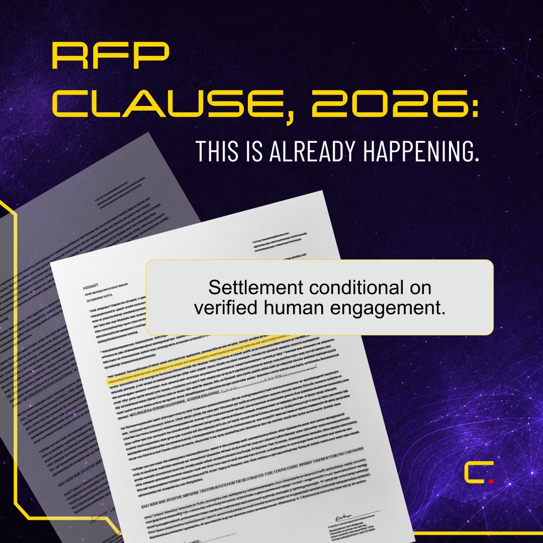 seecoin_io's tweet photo. Proof-based settlement is not coming to advertising contracts.

It is already appearing in RFPs.

1/

In the last 18 months we have seen brands begin writing specific language into campaign briefs.

"Verified human engagement required."
"Settlement conditional on third-party attestation."
"Invalid traffic above threshold triggers partial refund."

This is procurement catching up with what the technology now makes possible.

2/

The brands driving this are not small.

They are the ones with large enough budgets to have felt the fraud and specific enough legal teams to act on it.

They looked at their reports.
They looked at the numbers.
They started writing clauses.

3/

The direction is one way.

Every year the language gets more specific.
Every year more brands add it.
Every year the platforms that cannot provide attestation lose access to those budgets.

4/

We built EVO before this became a requirement.

Because we could see it becoming one.

20 years of campaign experience tells you where the contracts go before the contracts get there.

5/

When proof-based settlement is standard, the verification infrastructure built today is the moat.

We are not reacting to this trend.

We built into it.

#adTech
