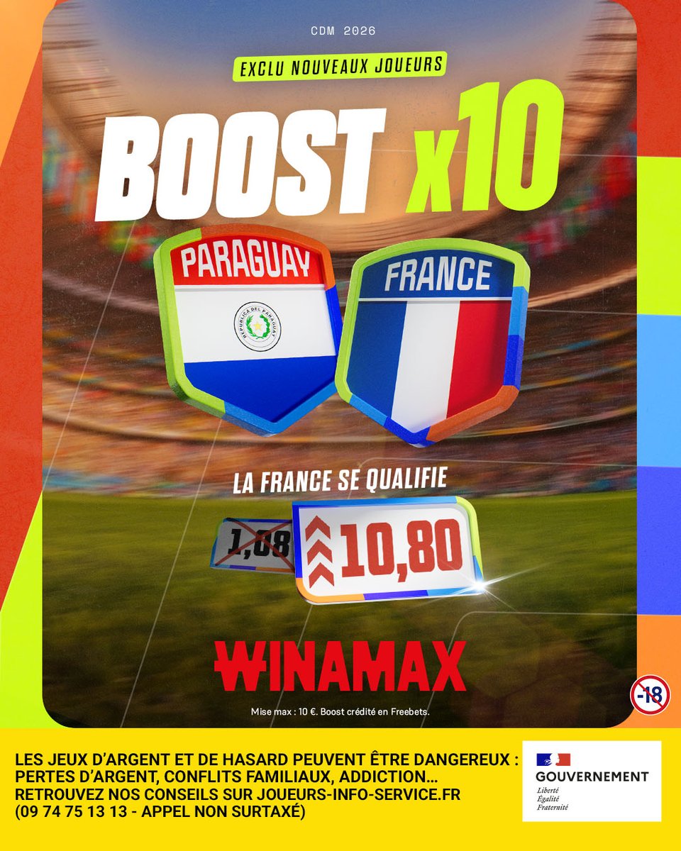 LouisStream79's tweet photo. @ActuFoot_ @FabrizioRomano OFFRE EXCLUSIVE chez Winamax pour ce match des bleu 🇫🇷 Interdis au mineur 🔞
 🔥 Cote boosté x10 ➡️dépôt min 10 euros, repartez avec 120 euros  si la France gagne ou fait match nul 🏆
[ Code parrainage : WINWDD ] 
+ 50 euros de freebets via mon code . 
https://t.co/rhql0wGGLr https://t.co/X2Z8bye8uw