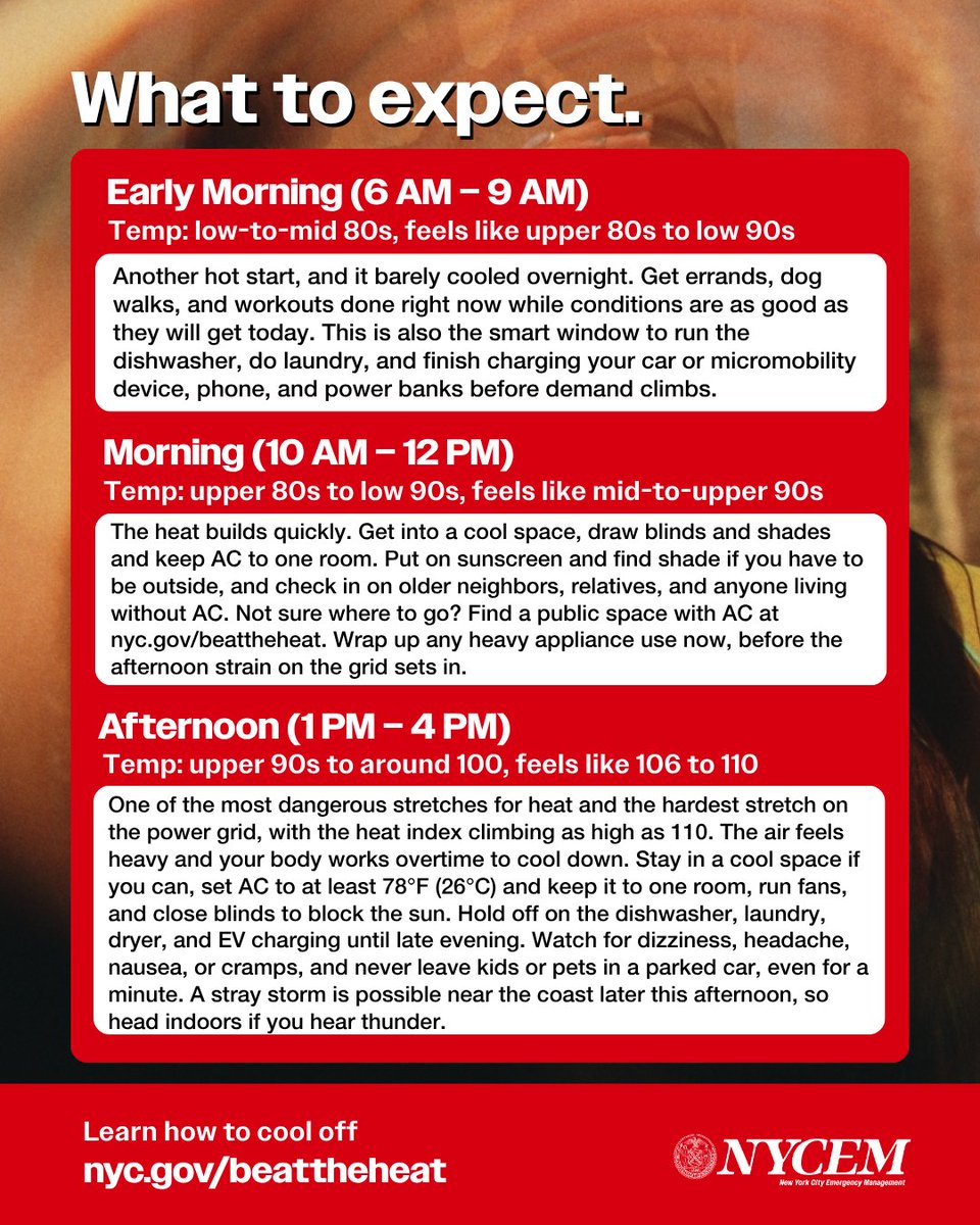 nycemergencymgt's tweet photo. An Extreme Heat Warning remains in effect for NYC. Two things to watch today: extremely dangerous heat, then potential for evening storms. Upper 90s to near 100 with a heat index as high as 110. Scattered thunderstorms become possible this evening, and some could turn strong.
 
Swipe through for what to expect hour by hour.
 
The basics: get  tasks done early, and spend as much time as in a cool space while conserving energy, and drink water before you are thirsty. Find cool space options at https://t.co/B7EmDF1n9Y. If you hear thunder, head indoors. Check on neighbors without AC.
 
Dangerous heat continues through the holiday weekend.