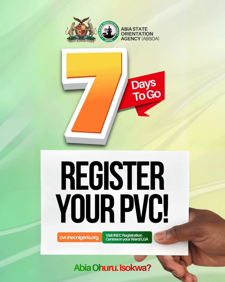 abiastategov's tweet photo. One week left until the July 10 deadline! Register now - https://t.co/FWARJP28HW ask others to so so . It is your civic duty .
#RegisterToVote #PVCRegistration #YourVoteMatters #NewAbia #AbiaState #ABSOA #Absoatv https://t.co/4INooxXYzD