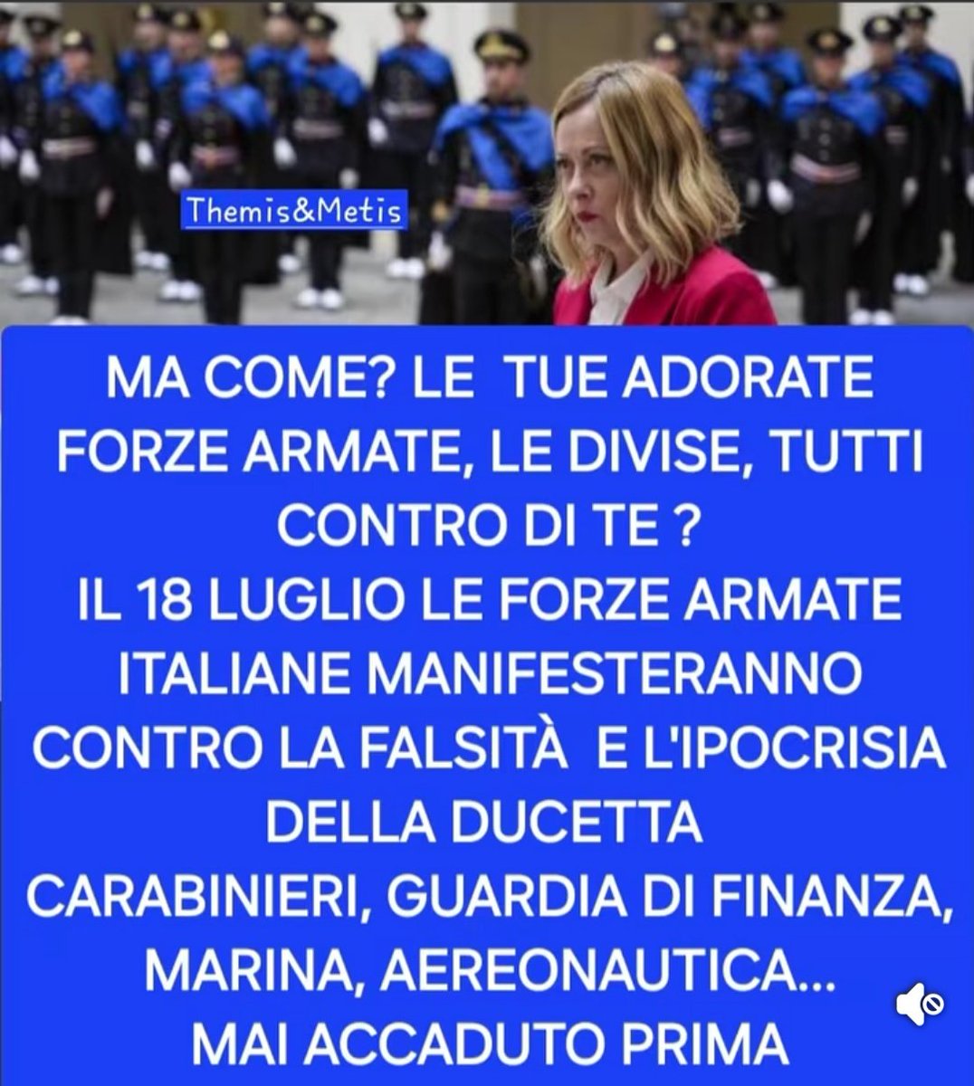 OrNella645587's tweet photo. Chi l'avrebbe mai detto il 18 luglio le Forze armate saranno in piazza per protestare contro l'esecutivo di gioGGIA 
Pensioni, stipendi e dignità al centro dello scontro 
Ma non era la più amata dagli italiani? https://t.co/aC0dp6s0f0