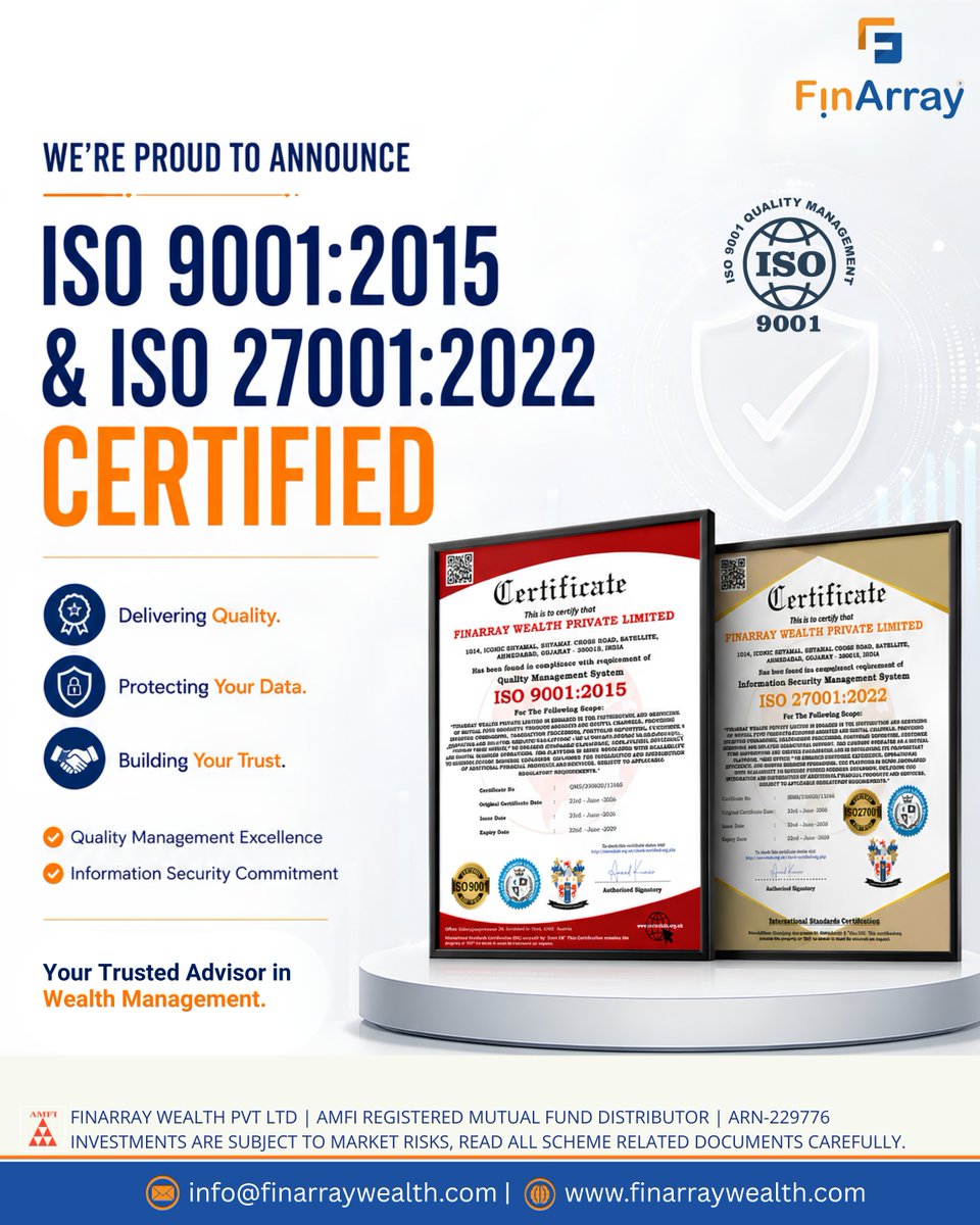 FinArray_Wealth's tweet photo. We're proud to share that FinArray is now ISO 9001:2015 &amp; ISO 27001:2022 certified, reflecting our focus on quality, security, and trusted wealth management.

Connect with FinArray today. 📩

#FinArray #ISO9001 #ISO27001 #WealthManagement #Trust https://t.co/Kx6obUsssP