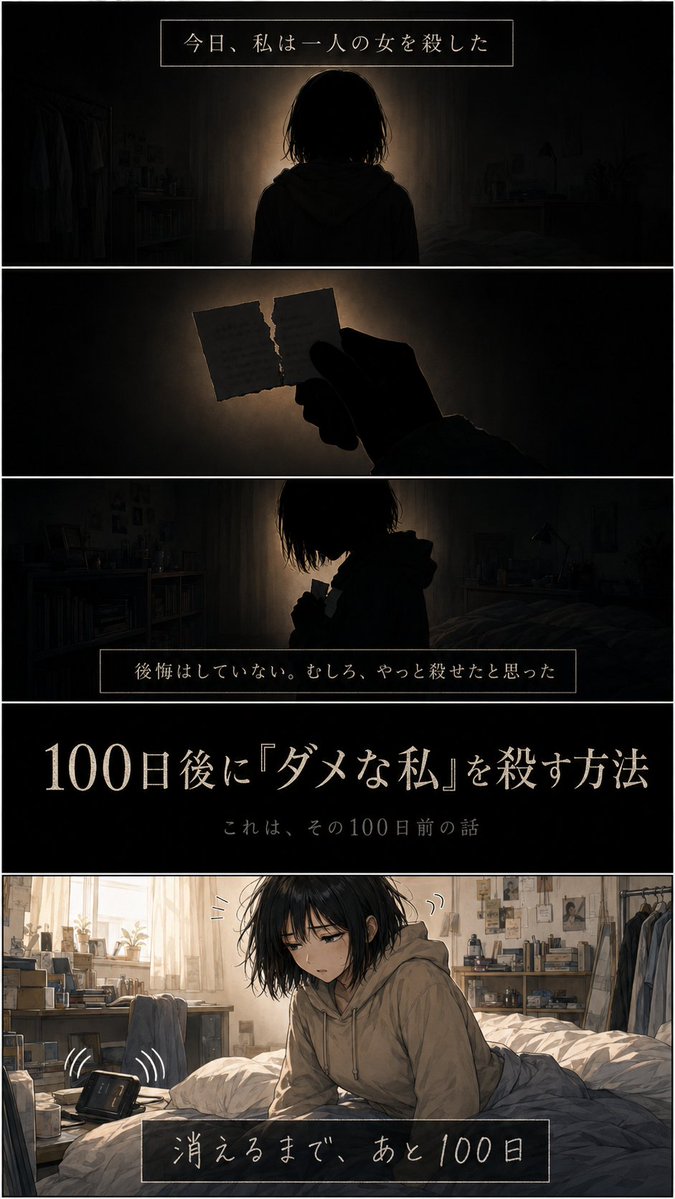 Chat_Factory_jp's tweet photo. 『100日後に「ダメな私」を殺す方法』

今日、私は一人の女を殺した。

後悔はしていない。
むしろ、やっと殺せたと思った。

これは、その100日前の話。

━━━━━━━━━━

『100日後に「ダメな私」を殺す方法』
明日から、実話をもとにした100日間の記録を投稿します。

＃100ダメ https://t.co/X4ZOjkF2Rv