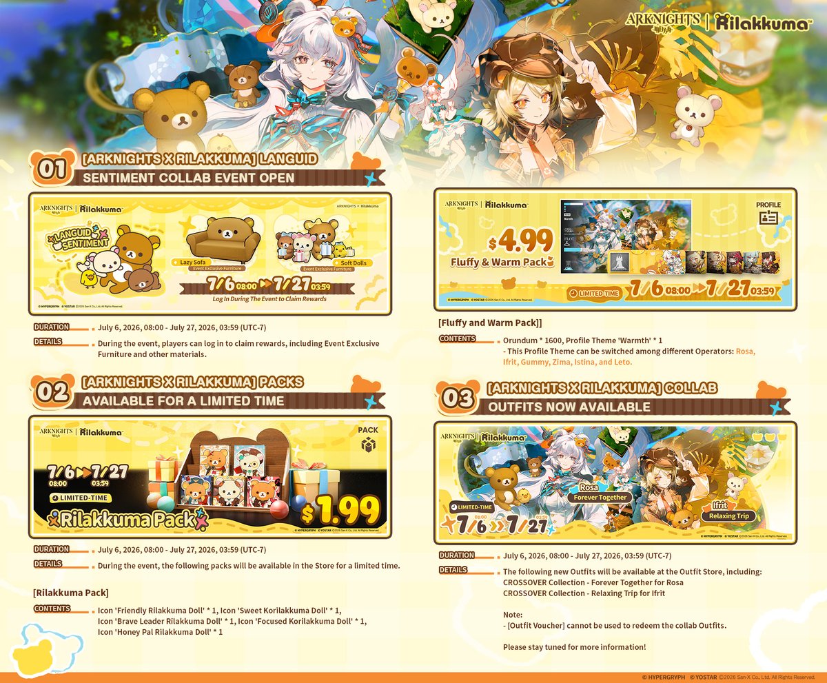 ArknightsEN's tweet photo. Dear Doctor,
 
[Arknights X Rilakkuma] Languid Sentiment Collab Event will soon be live on July 6, 2026, 08:00 (UTC-7), and some of the contents are available for a limited time. Please refer to the following notification for the event details.
 
#Arknights #Yostar #Crossover https://t.co/tlxIKL6vdR