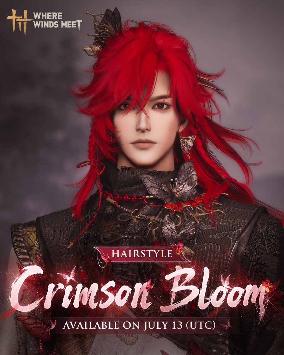 WhereWindsMeet_'s tweet photo. Two new appearances arrive on July 13 (UTC)!

🌟New Shop Appearance: Dreams Beyond
A butterfly's shadow finds peace in the night, as old memories fade into a dream beyond sight.

🌟New Draw Hairstyle: Crimson Bloom 
A butterfly leads the way through dreaming depths, guiding this longing to its final rest.
#WhereWindsMeet