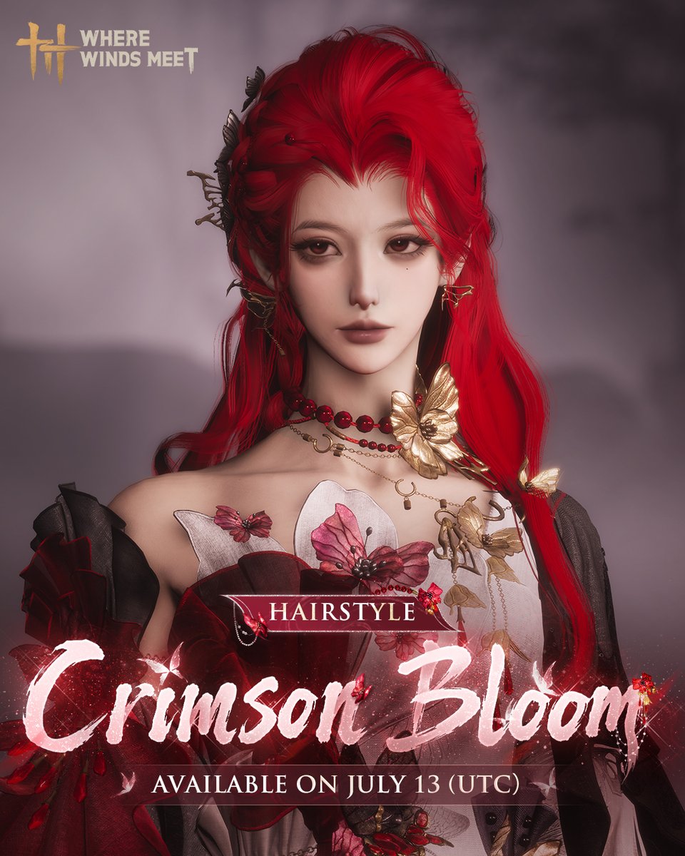 WhereWindsMeet_'s tweet photo. Two new appearances arrive on July 13 (UTC)!

🌟New Shop Appearance: Dreams Beyond
A butterfly's shadow finds peace in the night, as old memories fade into a dream beyond sight.

🌟New Draw Hairstyle: Crimson Bloom 
A butterfly leads the way through dreaming depths, guiding this longing to its final rest.
#WhereWindsMeet