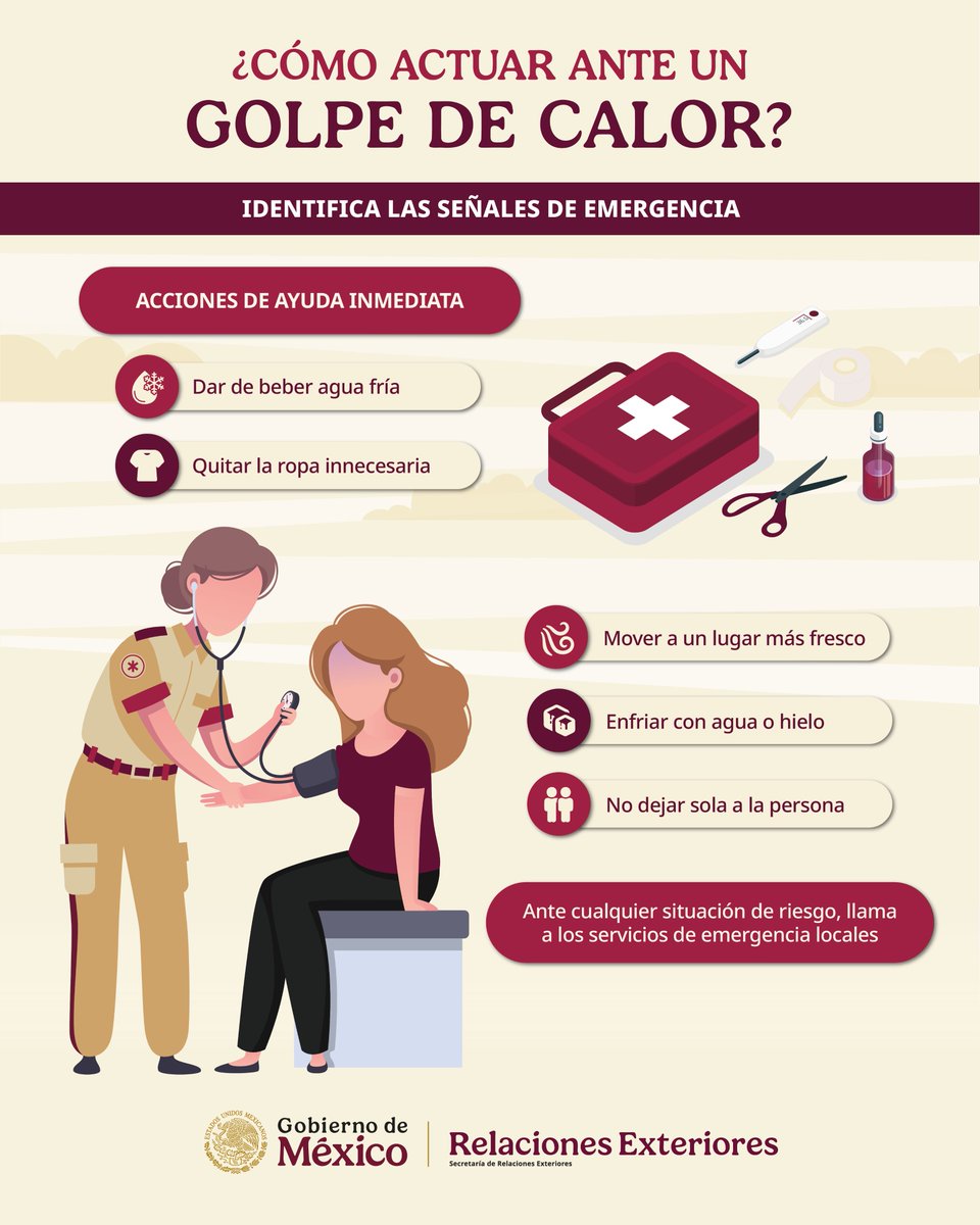 ConsulMexMIL's tweet photo. 🌡️ ¿Sabes cómo actuar ante un golpe de calor? ☀️
Si una persona presenta síntomas, actúa rápidamente:
Muévela a un lugar fresco.
Ofrécele agua fresca.
Quita la ropa innecesaria.
Enfría su cuerpo con agua o hielo.
No dejes sola a la persona. https://t.co/5DAGHv4rmV