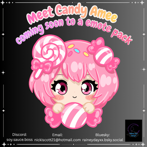 RaineyDDesigns's tweet photo. Meet #CandyAmee my next emote I will be releasing in a week! keep an eye out on my ko-fi! 

#kofi #kawaii #candy #amee #chibi #chibiart #emote #emoji #discord #discordemote #twitch #twitchemote https://t.co/FDeF94g0zp