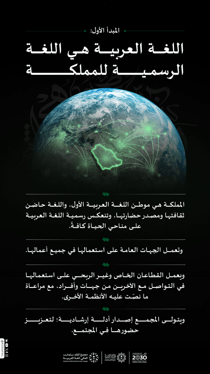 KSGAFAL's tweet photo. تنطلق #السياسة_الوطنية_للغة_العربية من موطنها الأول؛ لتمكين اللغة العربية ودعمها في جميع مناحي الحياة. 

#مجمع_الملك_سلمان_العالمي_للغة_العربية 
#برنامج_تنمية_القدرات_البشرية https://t.co/ziBbTAVXmQ