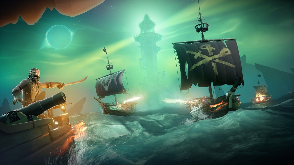 SeaOfThieves's tweet photo. 🏴‍☠️ Last Ship Standing: Sloops is now live until July 10th (10am UTC).

For the next week, Sloop crews who use the Hourglass of Fate will sail into six-ship scraps in the Seas of Sailor's Grave! Fight well, there are some Doubloon-awarding Goals to tick off. https://t.co/m2o6jEIarI