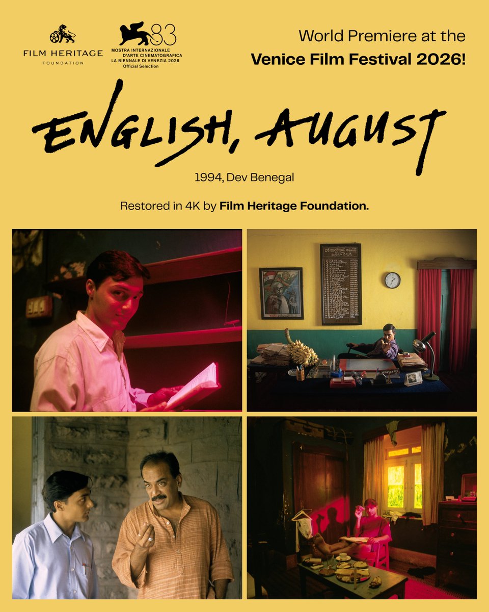 FHF_Official's tweet photo. FHF's hat-trick at the Venice International Film Festival!
We are thrilled to announce that FHF's 4K restoration of Dev Benegal's award-winning film 'English, August' (1994) has been selected for its World Premiere at the 83rd Venice International Film Festival. https://t.co/VqNtAS2Egt