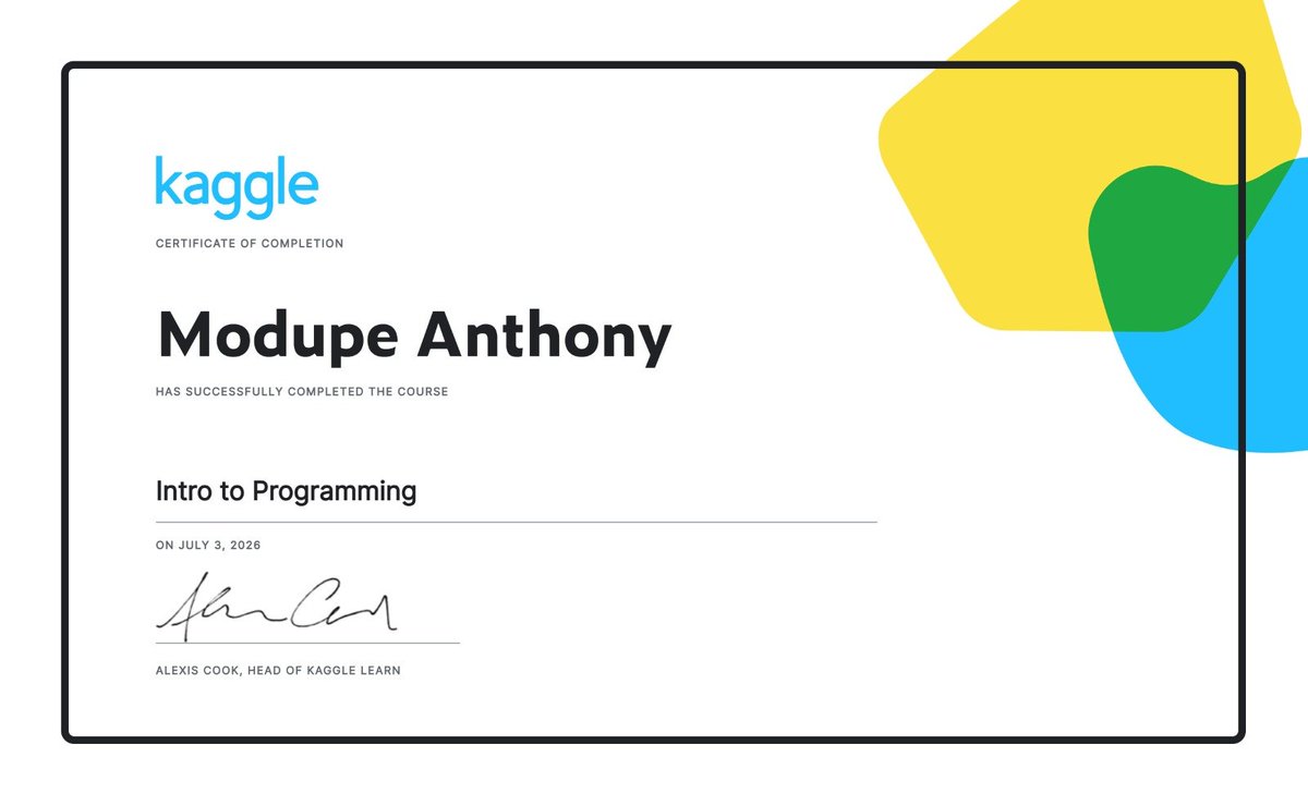 Merci_toni's tweet photo. 🎉 Milestone unlocked: Kaggle Intro to Programming Certificate earned 🎓

Days into my data analytics journey.

Started with zero coding experience. Days later, I am writing functions, working with lists, 
and solving real-world problems with Python.

Next up: Kaggle Python course.

#DataAnalytics #LearningInPublic