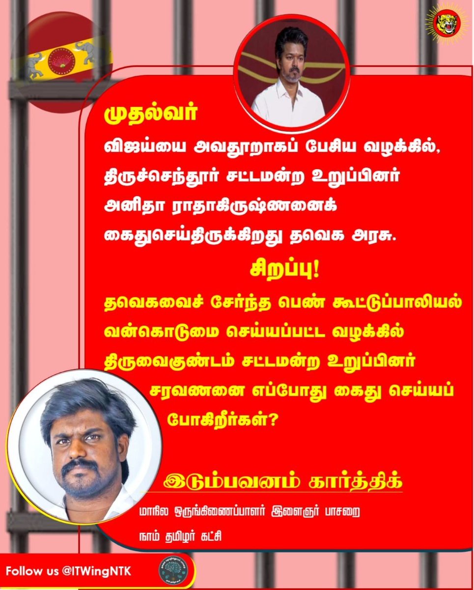 _ITWingNTK's tweet photo. முதல்வர்
விஜய்யை அவதூறாகப் பேசிய வழக்கில், திருச்செந்தூர் சட்டமன்ற உறுப்பினர் அனிதா ராதாகிருஷ்ணனைக் கைதுசெய்திருக்கிறது தவெக அரசு.

சிறப்பு!

தவெகவைச் சேர்ந்த பெண் கூட்டுப்பாலியல் வன்கொடுமை செய்யப்பட்ட வழக்கில் திருவைகுண்டம் சட்டமன்ற உறுப்பினர் சரவணனை எப்போது கைது செய்யப் போகிறீர்கள்?

இடும்பவனம் கார்த்திக்
மாநில ஒருங்கிணைப்பாளர் இளைஞர் பாசறை
நாம் தமிழர் கட்சி 
@idumbaikarthi