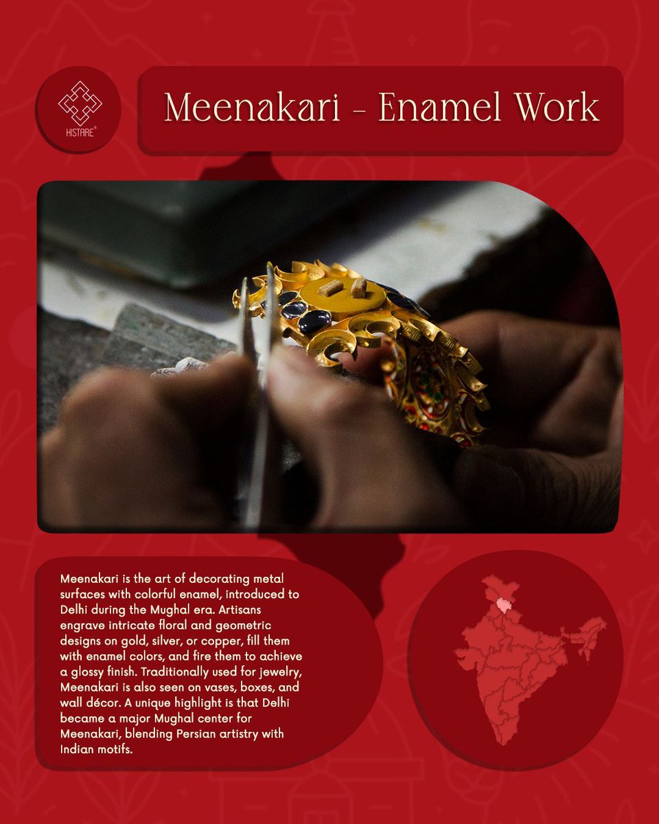 HistareConcepts's tweet photo. Meenakari coats gold, silver, and copper with vibrant enamel—artisans engrave designs, fill recesses with mineral-and-glass enamel, fire layers, and polish to reveal gleaming metal against deep color.

#Meenakari #Art https://t.co/cfP7EH8my2