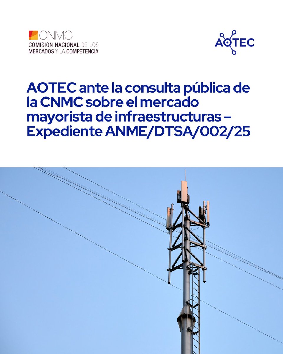 aotec_es's tweet photo. 🔵La CNMC ha abierto un nuevo período de consulta pública sobre el mercado mayorista de infraestructuras.

🔗 https://t.co/hRRUVPbxlL

#AOTEC #CNMC #Telecomunicaciones #FibraÓptica #Competencia #Regulación #OperadoresLocales #MercadoMayorista https://t.co/CWc4gw8PqP