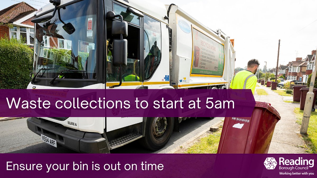 ReadingCouncil's tweet photo. Due to the hot weather expected next week, waste collection crews will start their rounds at 5am to avoid the hottest part of the day. Crews will do their best to not cause any unnecessary noise and disturbance.

Please make sure your bin is out by that time to ensure you don't miss your collection.