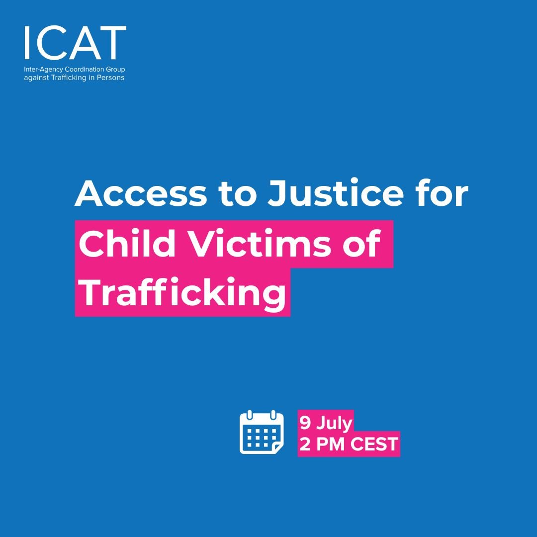 ICAT_News's tweet photo. 🚨SAVE THE DATE 🚨

How do we build justice systems that truly work for child victims of trafficking?

Join our webinar on child-friendly justice. ⚖️

🗓️ 9 July | 14:00 CEST 
🔗 Join https://t.co/jZwttqvUFW

#EndHumanTrafficking https://t.co/g8igLSZCM6