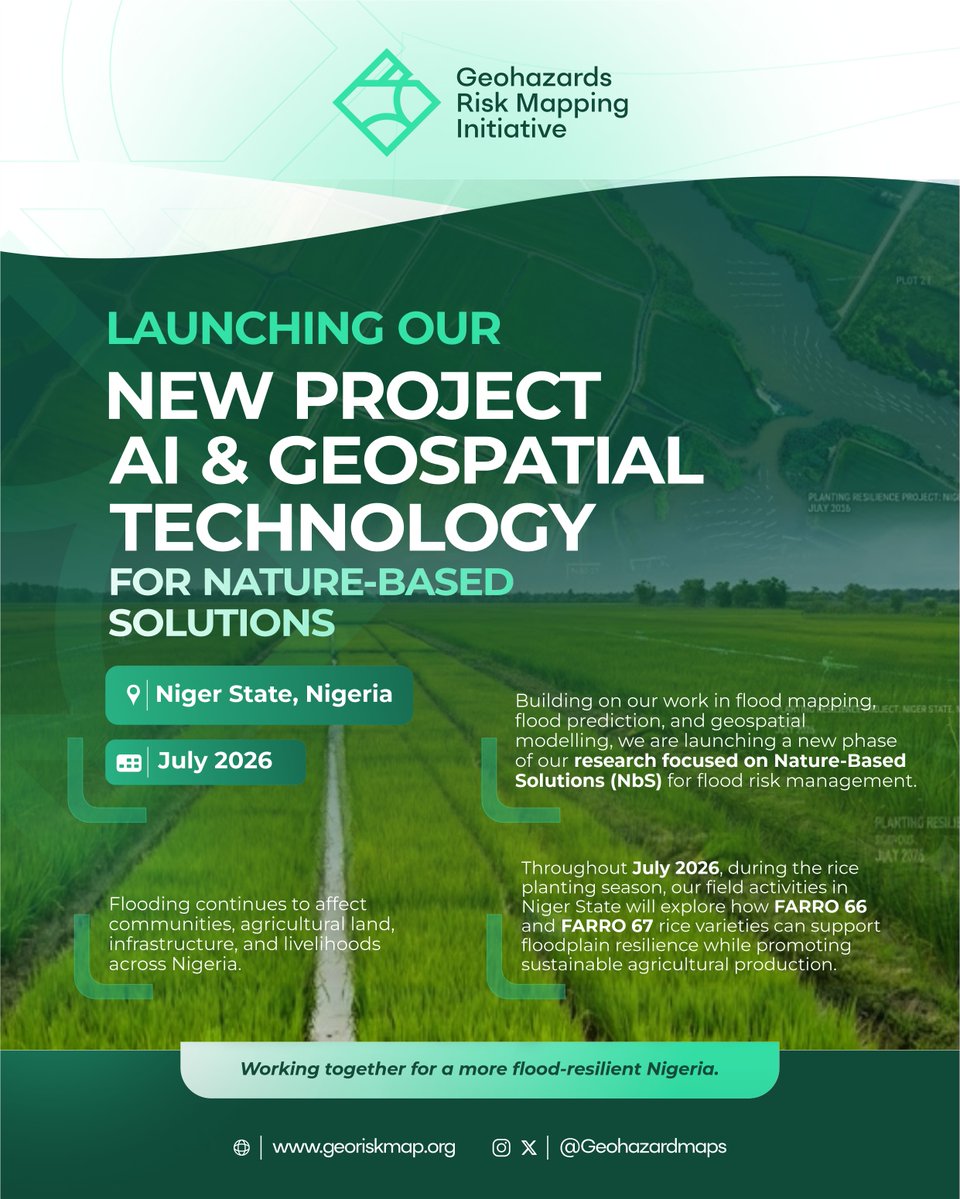 GeohazardMaps's tweet photo. Flooding continues to threaten communities, farmland &amp; livelihoods across Nigeria.

This July, we're launching a new phase: AI &amp; geospatial technology for Nature-Based Solutions to flood risk in Niger State

Understanding risk. Investing in resilience. Working with nature.

#SDGs https://t.co/0TQbgCl6Ow