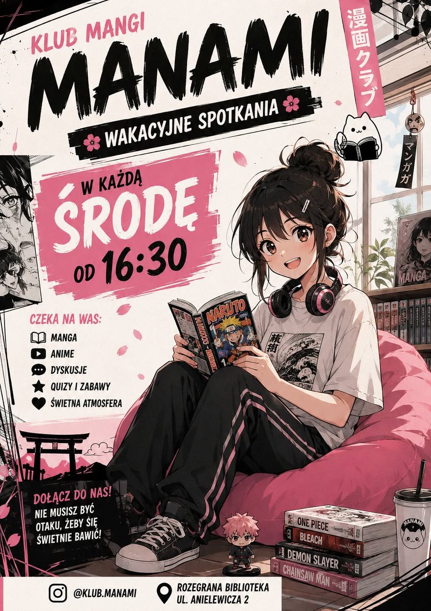 RGBiblioteka's tweet photo. 📢 Przypominamy, że ze względu na letnią zmianę godzin otwarcia biblioteki spotkania Klubu Mangi będą się odbywać w każdą środę 🎐

Zapraszamy wszystkich chętnych 📚🌸

#klubmangi #czytam #manga #anime #LatoZMangą #Japonia #kultura https://t.co/XZoufZeUgL