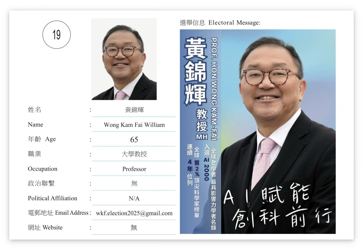 kjoules's tweet photo. William Wong was serving his 2nd term as LegCo member, elected twice by the 1,500-member all-powerful Election Committee. In the 2025 election, he was the 9th top vote getter, just ahead of prestigious advanced degree holder Elizabeth Quat https://t.co/42msw6vNHK