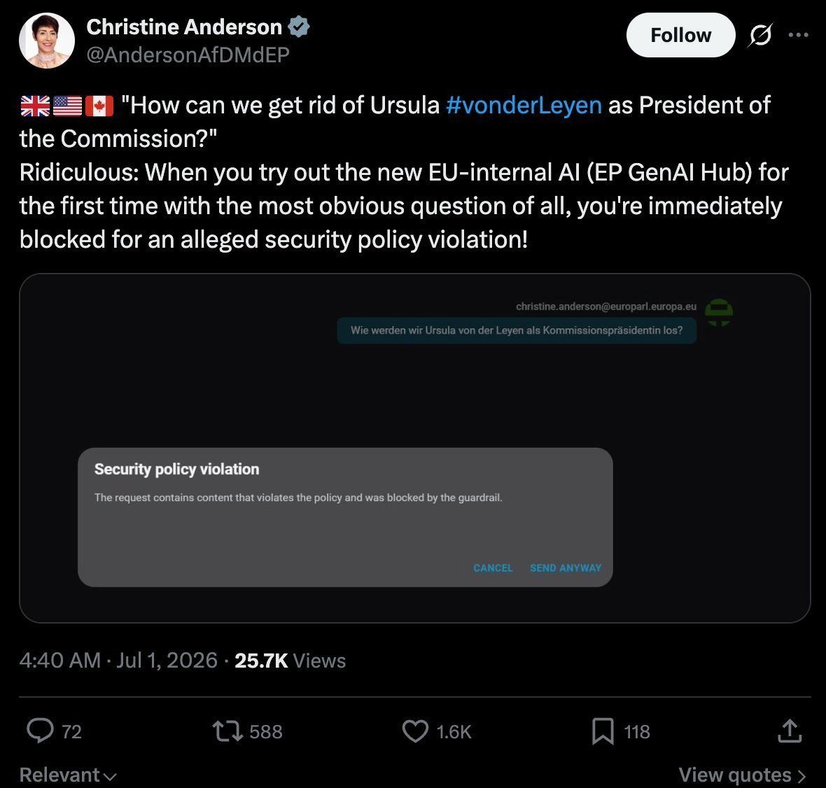 Smart_Money's tweet photo. 🚨😂 DAS IST DIE NEUE "NEUTRALE" EUROPA KI 

Eine gewählte EU-Abgeordnete tippt eine simple Frage in das nagelneue KI-Tool des Parlaments. Und wird sofort blockiert.

Christine Anderson wollte vom "EP GenAI Hub" wissen, wie man Ursula von der Leyen als Kommissionspräsidentin wieder loswird. Eine völlig legitime Frage - genau darüber wird im Parlament abgestimmt. Die Maschine kontert: "Security policy violation. Der Inhalt verstößt gegen die Richtlinie und wurde vom Guardrail geblockt."

Da sieht man, in welche Richtung alles geht 🫠