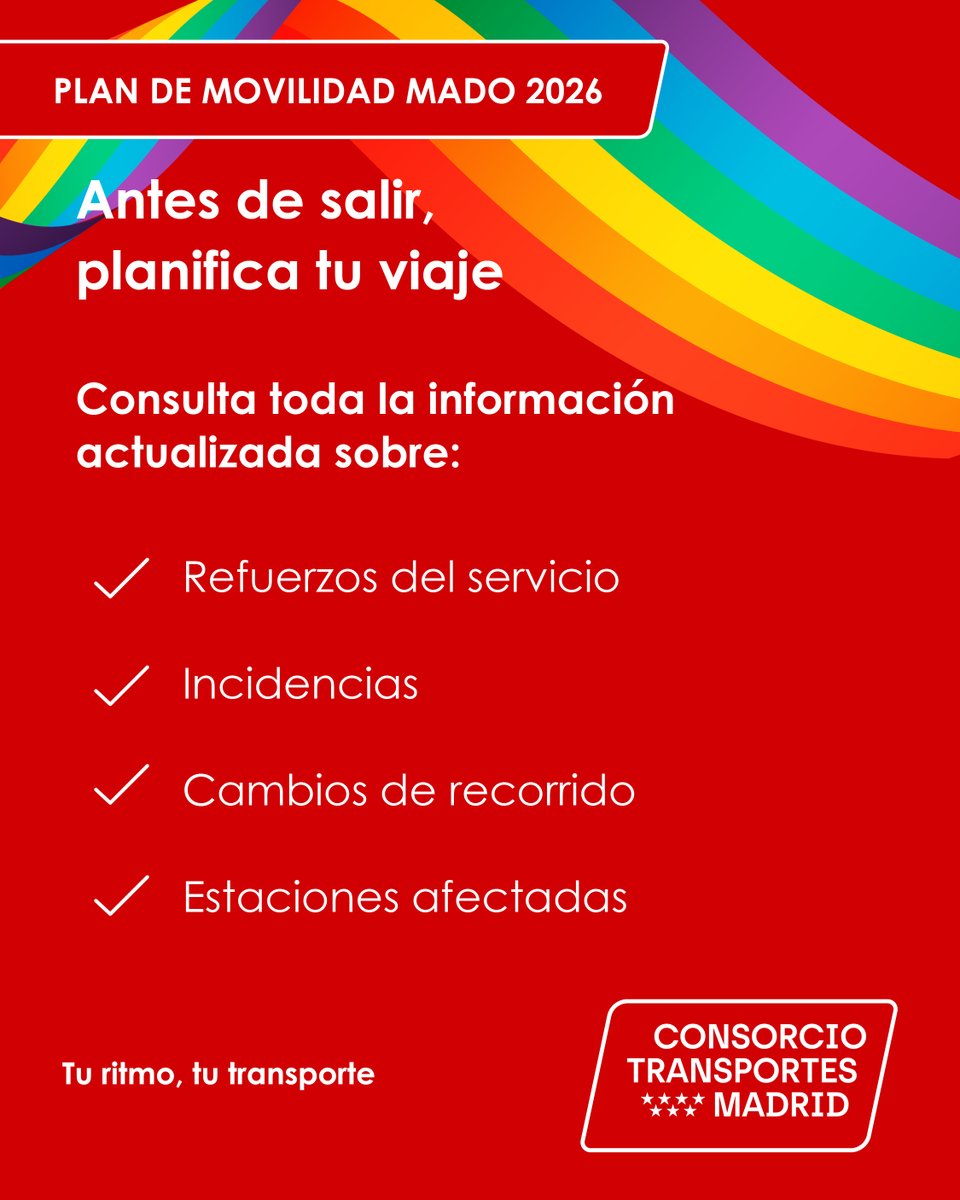 CRT_Madrid's tweet photo. Hoy se celebra la Manifestación del Orgullo LGTBIQ+ con motivo del #MADO2O26 🌈​

👉 @metro_madrid aumentará el servicio en: líneas 1, 2, 3, 4, 5 y 10

👉 Adaptamos diferentes líneas de @EMTmadrid e interurbanos para facilitar los desplazamientos

+ Info: https://t.co/YOLojG2yMA https://t.co/k3pkCkTZmC
