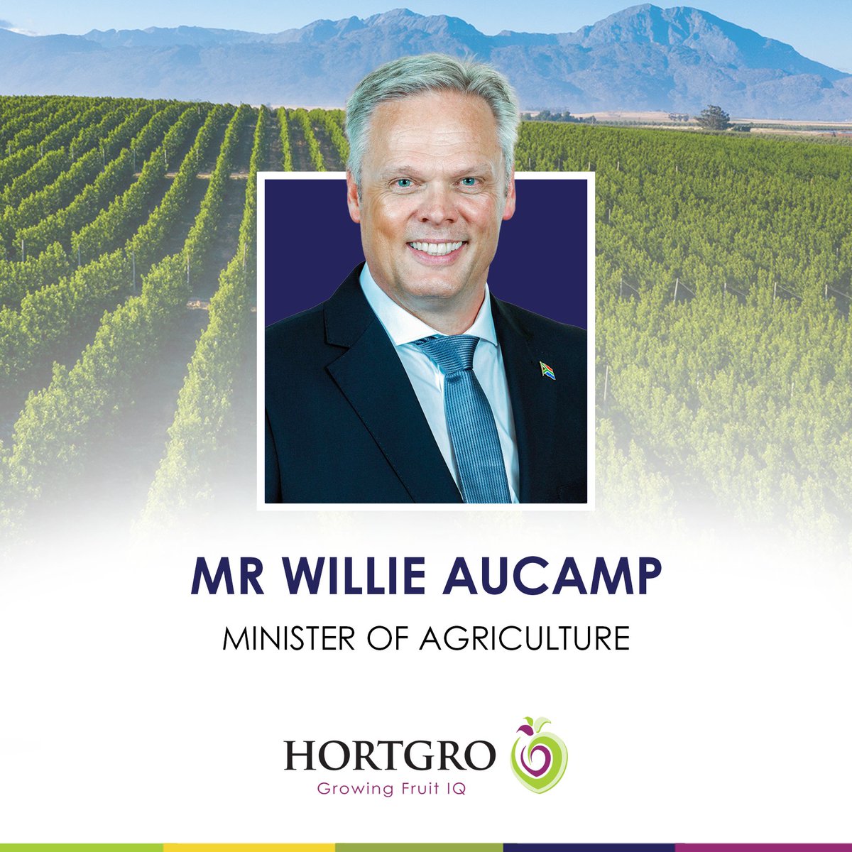 Hortgro's tweet photo. Hortgro welcomes the appointment of Minister of Agriculture, Mr Willie Aucamp, and looks forward to working together to grow a competitive and sustainable deciduous fruit industry. We also thank former Minister John Steenhuisen for his support and engagement with the sector. https://t.co/pM91VdoyZz