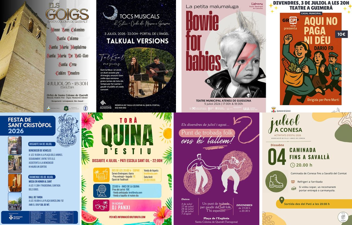 SomSegarra's tweet photo. Sense plans per al cap de setmana? #festes #concerts #caminada #expos #visites, viu l' #estiusegarra!
@lasegarra @xercavinsverdu @CasinodeCalaf @IBelltall @AjuntamentCalaf @TurismeGuissona @viladetora @CConcabella @TurismeVerdu @Espitllera
ℹ️ https://t.co/8ZHEiD1Ad2 https://t.co/YBj2VQA7iZ