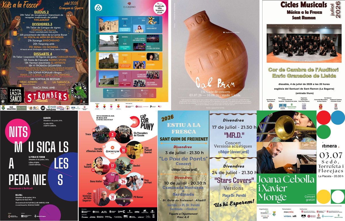 SomSegarra's tweet photo. Sense plans per al cap de setmana? #festes #concerts #caminada #expos #visites, viu l' #estiusegarra!
@lasegarra @xercavinsverdu @CasinodeCalaf @IBelltall @AjuntamentCalaf @TurismeGuissona @viladetora @CConcabella @TurismeVerdu @Espitllera
ℹ️ https://t.co/8ZHEiD1Ad2 https://t.co/YBj2VQA7iZ