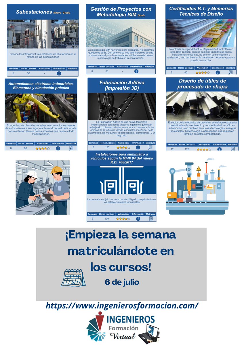 cogiti's tweet photo. 📚 Ya están disponibles los nuevos cursos de la semana en Ingenieros Formación.

🚀 Sigue aprendiendo, amplía tus competencias y aprovecha el verano para impulsar tu carrera.

👉 https://t.co/A1vYdEjemy

#Ingeniería #Formación #IngenierosFormación #Ingenieros https://t.co/93QvFxvDwv