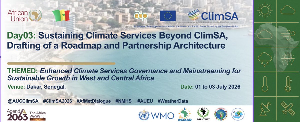 AU_DARBE's tweet photo. 📜🌍The Roadmap &amp; Sustainability
The final day of the #DakarDialogue focuses on the future. As the @AucClimsa program nears its conclusion, delegates are establishing a concrete Sustainability Roadmap to ensure African owned climate services thrive. #ClimSA2026 https://t.co/fqws8Mprzn