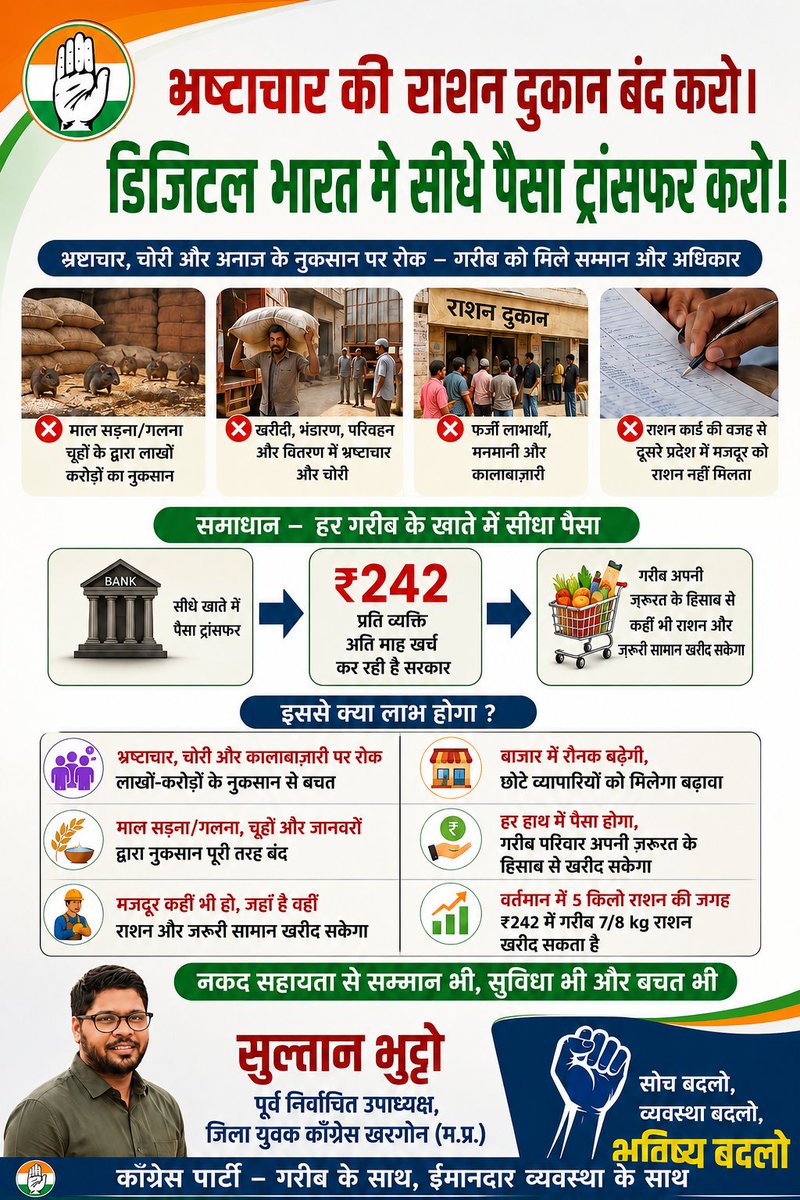 sultan_kgn's tweet photo. भ्रष्टाचार की राशन दुकान बंद हो।
डिजिटल भारत मे सीधे पैसा ट्रांसफर करो।
#sultan_bhutto @RahulGandhi @priyankagandhi @digvijaya_28 @MPArunYadav @jitupatwari @UmangSinghar @PMOIndia  @highlight @INCIndia @IYC @nsui @Jairam_Ramesh https://t.co/roYvxD2IJc