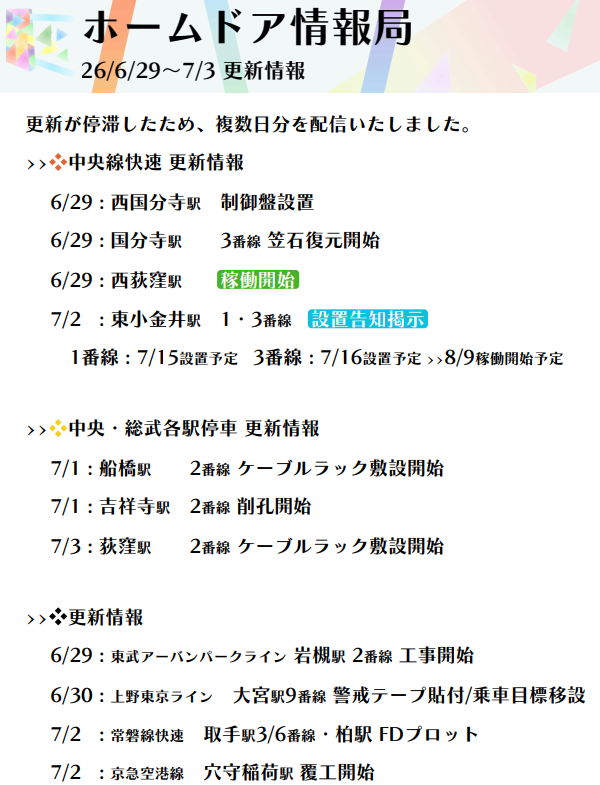 FDinfo_official's tweet photo. 7/3 19:00配信
ホームドア整備工事進捗

速報含む以下情報を配信いたしました。
各路線詳細はこのあと順次配信いたしますのでしばらくお待ちください。 https://t.co/Lpo1R2lGqL