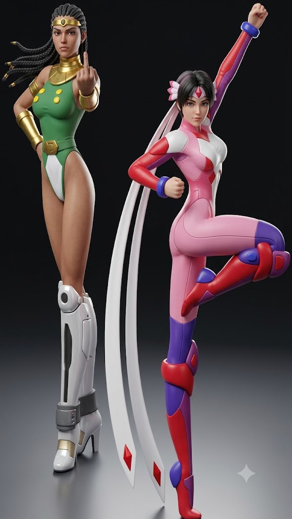 RaidenSnake11's tweet photo. Here are four random AIG pin-up pics of the eye candy of Mach Breakers: Numan Athletics 2 -- Makoto Kotobuki (aka Shao-Yen Li) and Sophia Rayleigh -- that were created on Google Gemini with my basic understanding of the AI program, for better or worse, LOL.  Enjoy!