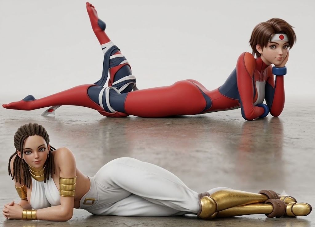 RaidenSnake11's tweet photo. Here are four random AIG pin-up pics of the eye candy of Mach Breakers: Numan Athletics 2 -- Makoto Kotobuki (aka Shao-Yen Li) and Sophia Rayleigh -- that were created on Google Gemini with my basic understanding of the AI program, for better or worse, LOL.  Enjoy!