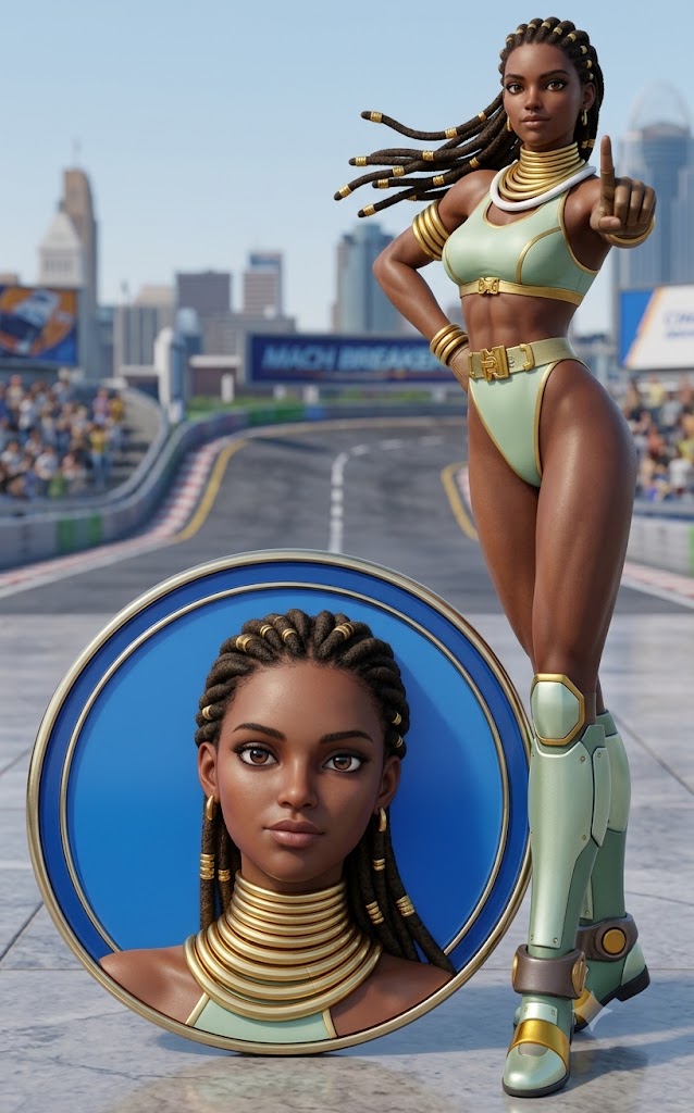 RaidenSnake11's tweet photo. Here are four random AIG pin-up pics of the eye candy of Mach Breakers: Numan Athletics 2 -- Makoto Kotobuki (aka Shao-Yen Li) and Sophia Rayleigh -- that were created on Google Gemini with my basic understanding of the AI program, for better or worse, LOL.  Enjoy!