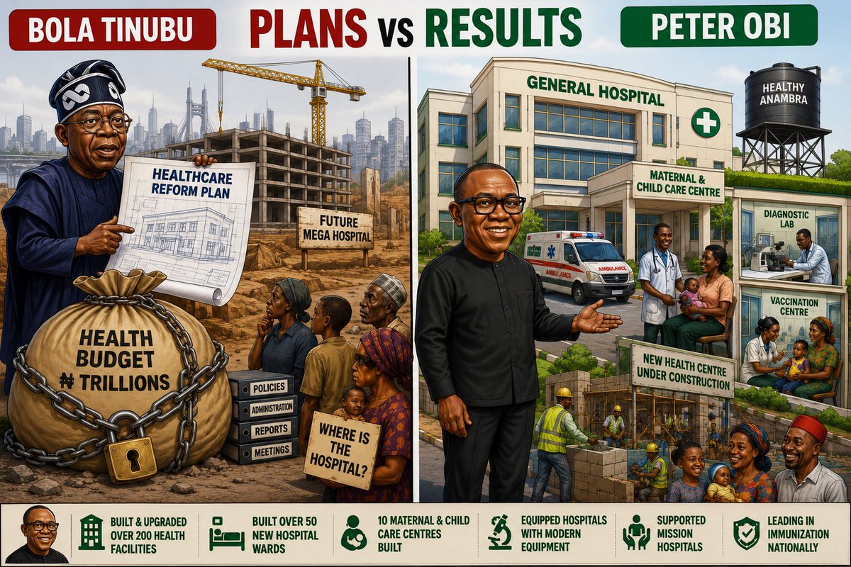 i_am_agbeke's tweet photo. Let's talk about the healthcare legacies of Bola Tinubu and Peter Obi. Everything no be road construction. 🫩

Tinubu's healthcare legacy in Lagos was largely institutional - reforming health administration, strengthening regulation, improving hospital governance and expanding healthcare systems in a rapidly growing megacity.

Nothing is wrong with that.

But what it tells me is that his emphasis has always been more on administration than on the physical healthcare infrastructure ordinary people actually experience.

Even as President, that pattern appears to continue.

In 2024, the health sector was allocated ₦1.23 trillion, yet the Minister of Health disclosed that only about 15% of the Ministry's capital budget was released for health infrastructure projects.

In 2025, the health budget increased to ₦2.48 trillion, yet by February 2026, the same Minister told the House of Representatives that only ₦36 million out of the Ministry's ₦218 billion capital allocation had been released for capital projects. 🫩

You can announce trillion-naira budgets all day long, but if the money needed to build hospitals, equip facilities and improve healthcare isn't released, Nigerians won't feel the impact.

Now compare that with Peter Obi's record in Anambra.

His healthcare legacy was infrastructure and service delivery.

✅ Constructed and upgraded over 200 primary health centres and general hospitals.
✅ Rehabilitated over 150 community health centres and general hospitals.
✅ Constructed over 50 new hospital wards.
✅ Built 10 Maternal and Child Care Centres using the Bill & Melinda Gates Foundation immunization award and counterpart funding.
✅ Equipped hospitals with modern diagnostic and medical equipment.
✅ Supported mission hospitals through direct government intervention.
✅ Made Anambra one of Nigeria's leading states in routine immunization, earning recognition from the Bill & Melinda Gates Foundation.
✅ Did all these while keeping Anambra among Nigeria's least indebted states and leaving substantial cash and investment assets behind.

That's the difference.

One focused primarily on systems and administration.

The other made sure ordinary people could actually see and use better hospitals, better equipment and better healthcare services.

For the Nigeria we have today, I know which approach I would rather have. 👌🏽