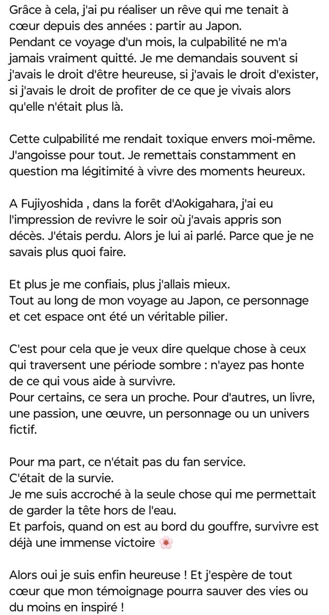 Anjou_Bakugo's tweet photo. La date de diffusion TF1 n'a pas encore été annoncée.@Alexis_Bregere

Mon témoignage parle de la perte d'une amie, de la culpabilité du survivant, et de comment un personnage fictif m'a aidée à tenir.

Parfois, survivre est déjà une immense victoire. https://t.co/3yeZG5NZzh