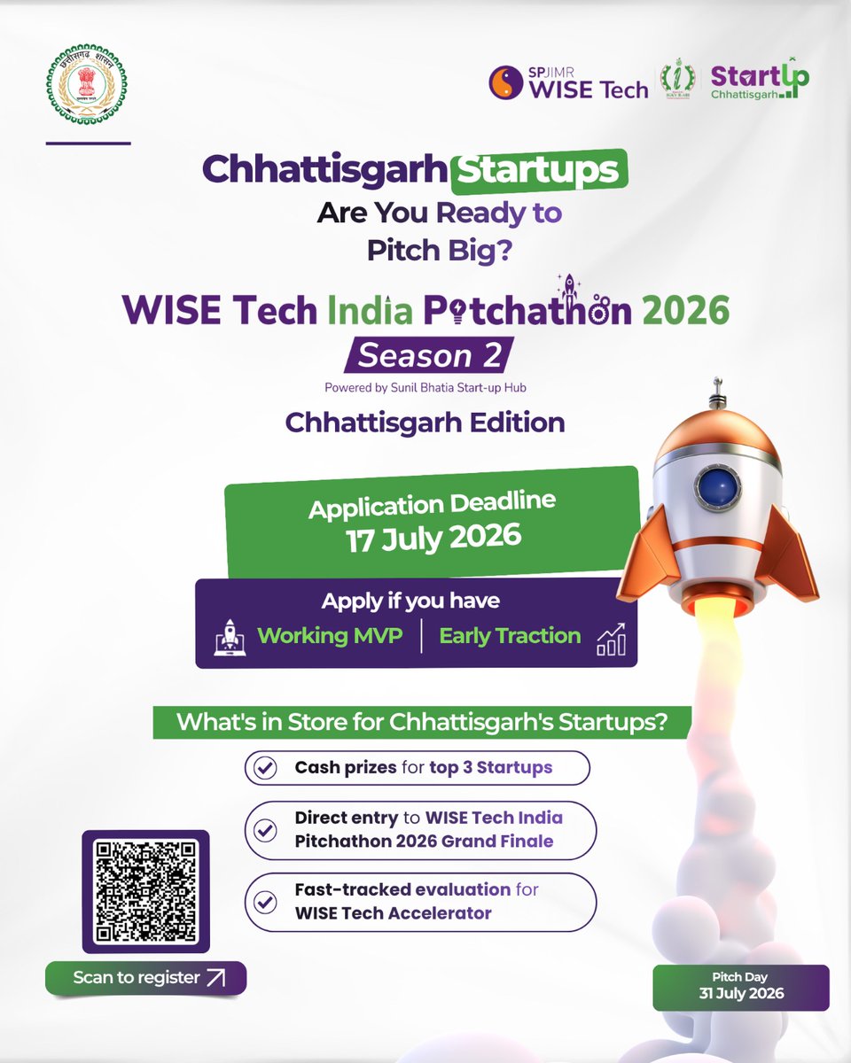 InvestCG_India's tweet photo. WISE Tech India Pitchathon 2026 – Chhattisgarh Edition is here! 

Pitch your startup to win cash prizes, secure direct entry to the Grand Finale &amp; receive fast-tracked evaluation for the WISE Tech Accelerator.

Apply by July 17
https://t.co/jR0HfTUiwY

#StartupCG #CGBusinessEasy https://t.co/WC3eAa64l8