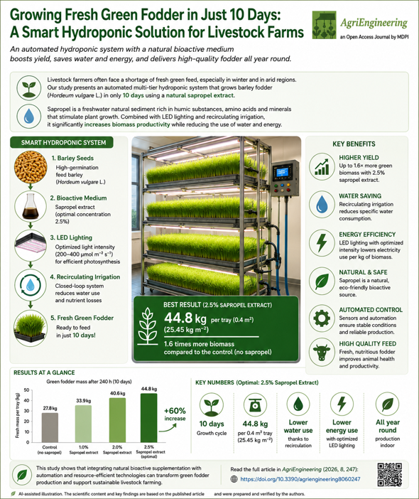 AgriEng_Mdpi's tweet photo. 🌱Fresh livestock feed in just 10 days—no matter the weather. 

Discover how automated hydroponics and natural lake sediments are changing the game for year-round forage production.

🔗https://t.co/zVw30dYOu4
#LivestockFeed #AgTech https://t.co/1aKIrbyiiZ