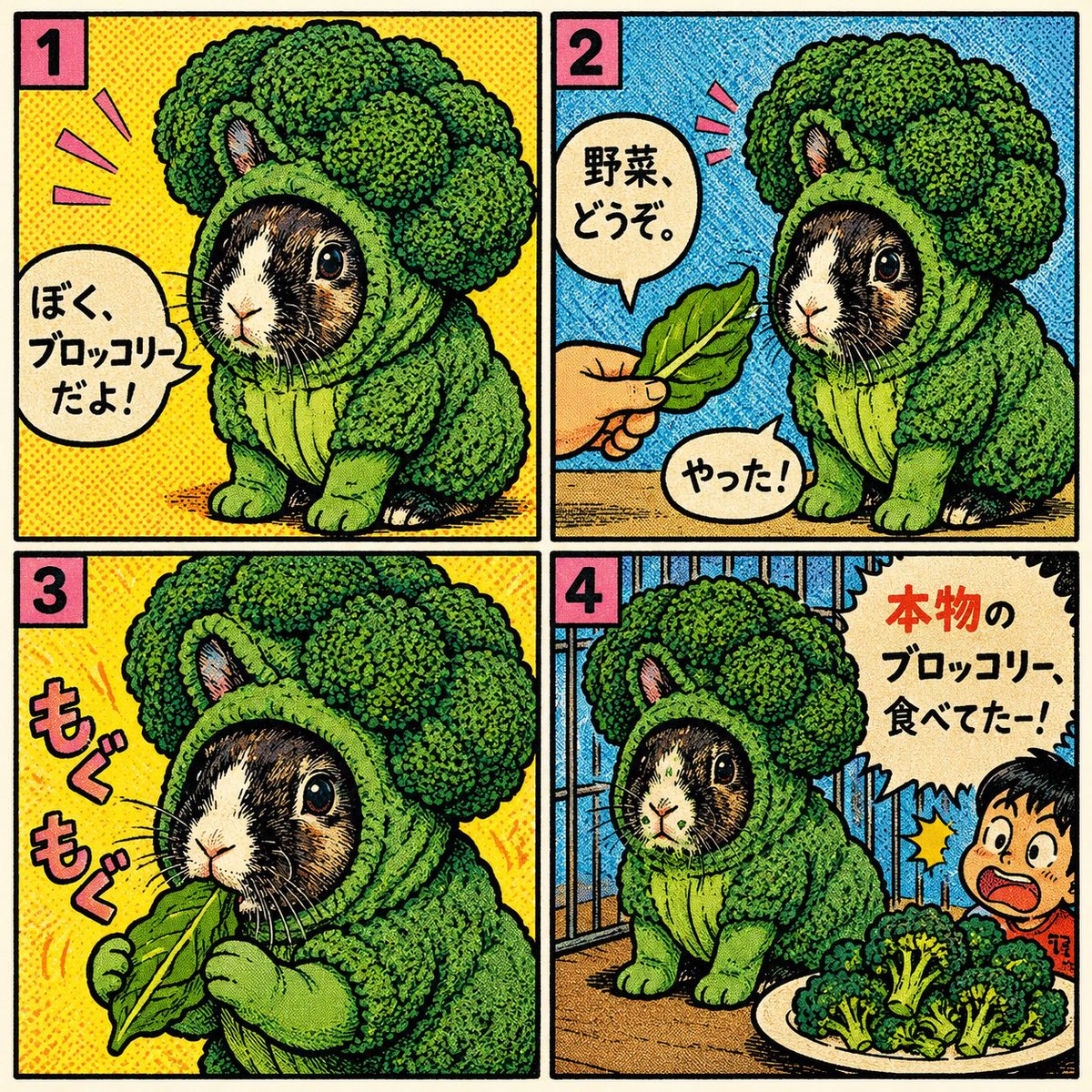 Tanachonbo's tweet photo. #ChatGPT #うさぎの漫画 
うちの子ピーターがブロッコリーの着ぐるみを着た漫画をチャッピーに描いてもらいました！私は、ピーターのブロッコリーの姿が1番好きです。ピーターがブロッコリー大好きで茎までかじってたから🥦 https://t.co/aT55H7Ee14