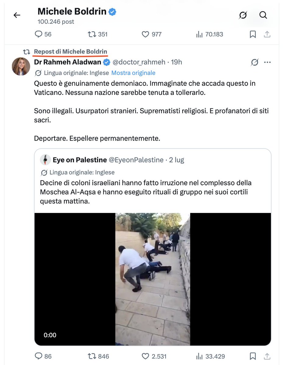iurimariaprado's tweet photo. Qui il capo di @ora_italia Michele Boldrin riposta il post della filoterrorista secondo cui gli ebrei che pregano nel luogo più sacro per gli ebrei sono demoniaci, usurpatori da deportare. La stessa già apologeta di Abu Obeida. https://t.co/gVwZQ6KUNQ