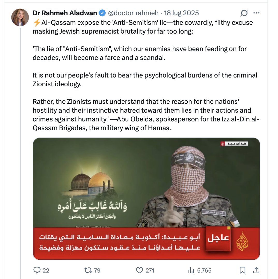 iurimariaprado's tweet photo. Qui il capo di @ora_italia Michele Boldrin riposta il post della filoterrorista secondo cui gli ebrei che pregano nel luogo più sacro per gli ebrei sono demoniaci, usurpatori da deportare. La stessa già apologeta di Abu Obeida. https://t.co/gVwZQ6KUNQ