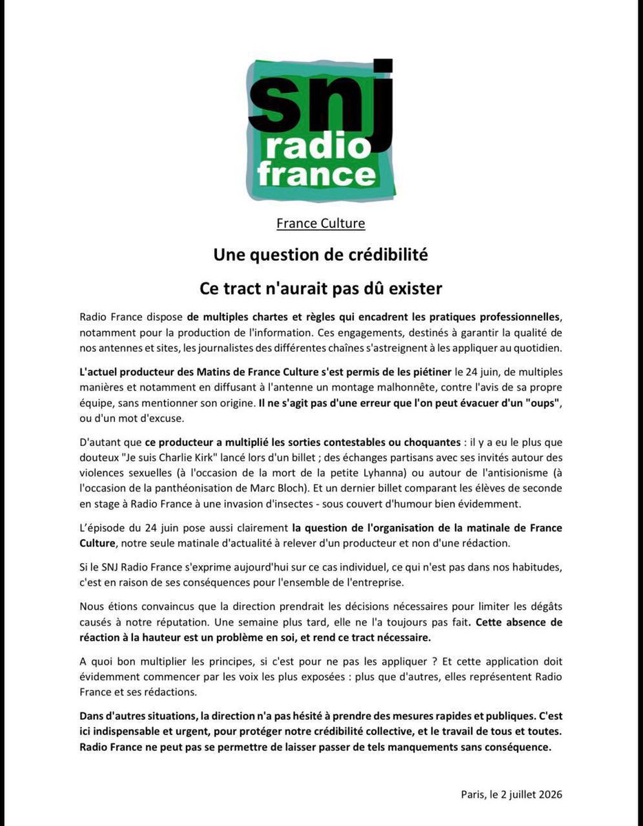 amin_snoussi's tweet photo. Vous ne défendez pas les journalistes, vous défendez le droit d’abuser de la déontologie pour taper sur la gauche.

D’abord, c’est une fake news diffusée à l’antenne sans vérification.

Ensuite, c’est une série de fautes qui sont pointées par les syndicats de Radio France. https://t.co/alI7ngO6sg